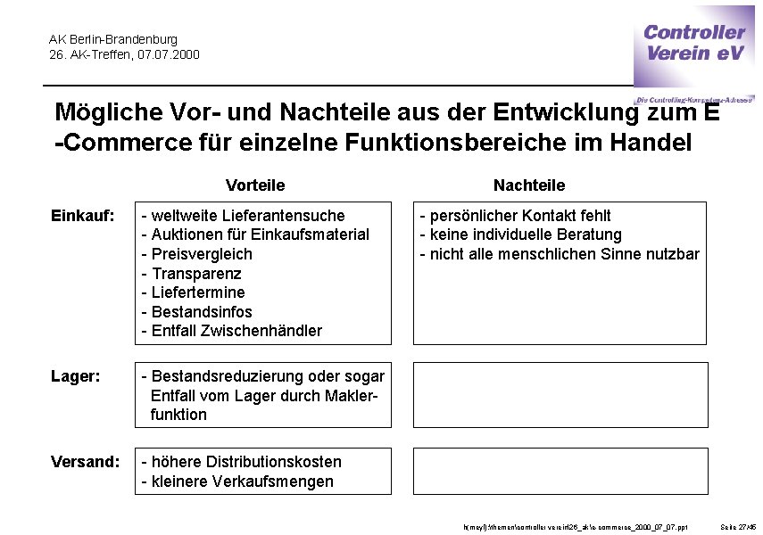 AK Berlin-Brandenburg 26. AK-Treffen, 07. 2000 Mögliche Vor- und Nachteile aus der Entwicklung zum