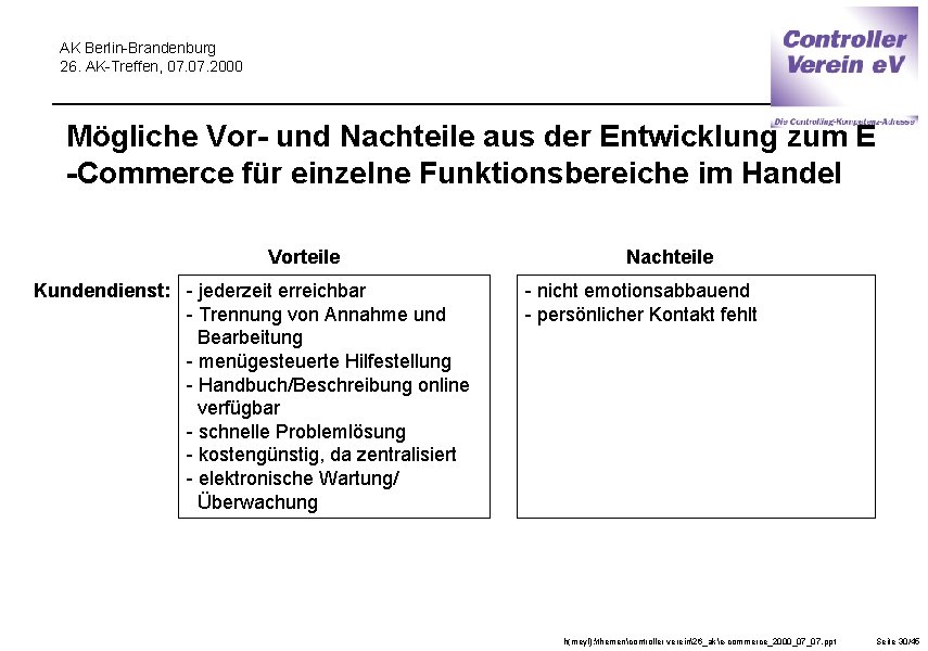 AK Berlin-Brandenburg 26. AK-Treffen, 07. 2000 Mögliche Vor- und Nachteile aus der Entwicklung zum