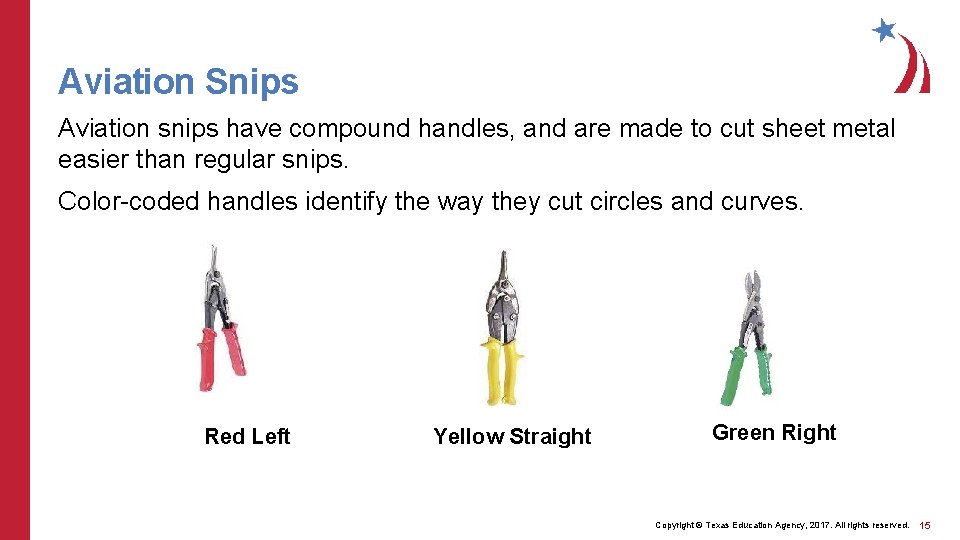 Aviation Snips Aviation snips have compound handles, and are made to cut sheet metal