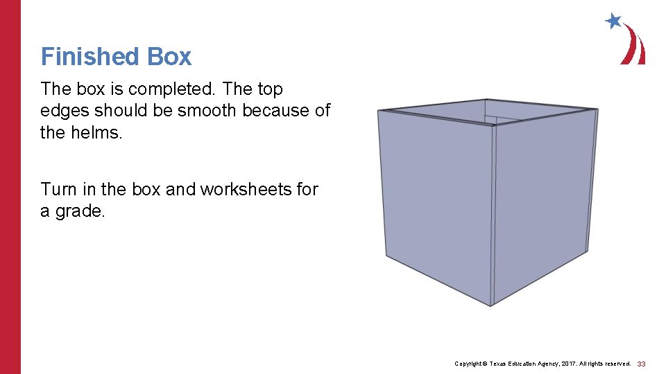 Finished Box The box is completed. The top edges should be smooth because of