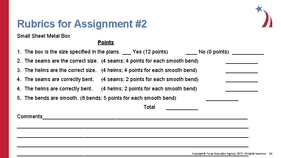 Rubrics for Assignment #2 Small Sheet Metal Box Points 1. The box is the
