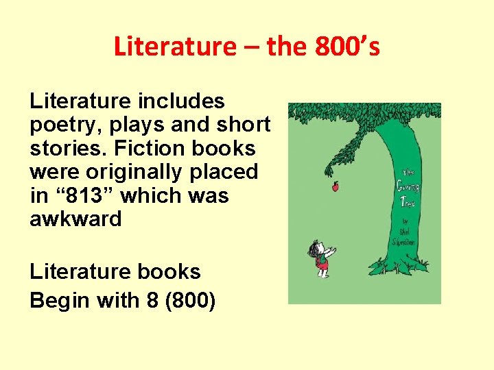 Literature – the 800’s Literature includes poetry, plays and short stories. Fiction books were