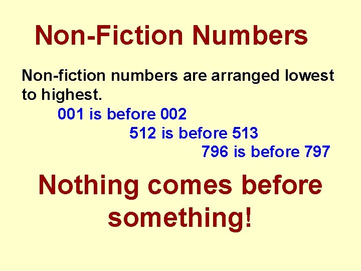 Non-Fiction Numbers Non-fiction numbers are arranged lowest to highest. 001 is before 002 512