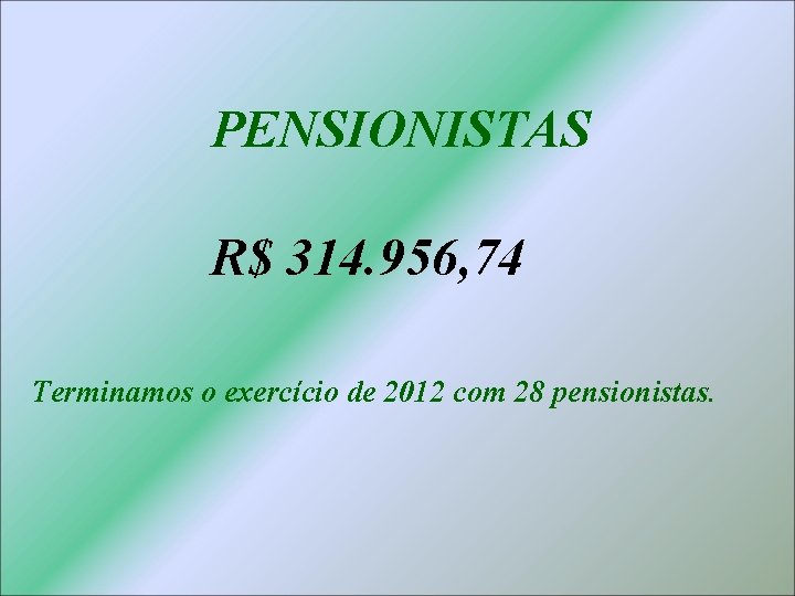 PENSIONISTAS R$ 314. 956, 74 Terminamos o exercício de 2012 com 28 pensionistas. 