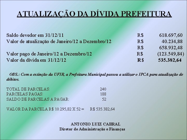 ATUALIZAÇÃO DA DÍVIDA PREFEITURA Saldo devedor em 31/12/11 Valor de atualização de Janeiro/12 a