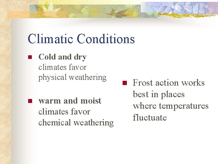 Climatic Conditions n n Cold and dry climates favor physical weathering warm and moist