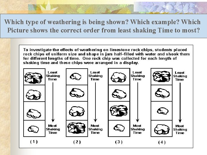 Which type of weathering is being shown? Which example? Which Picture shows the correct