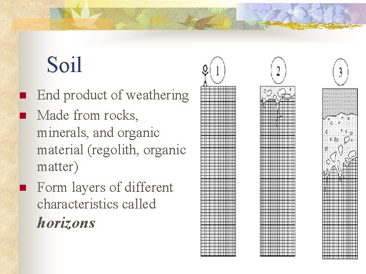 Soil n n n End product of weathering Made from rocks, minerals, and organic