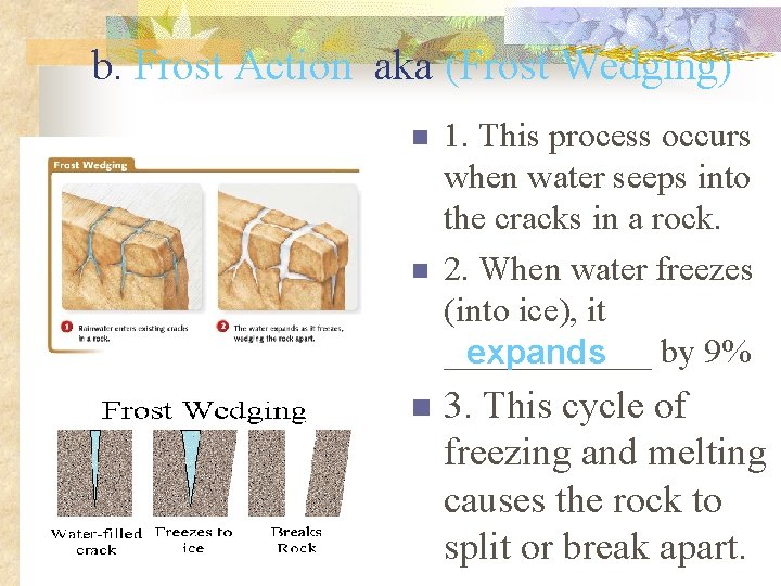b. Frost Action aka (Frost Wedging) n n n 1. This process occurs when