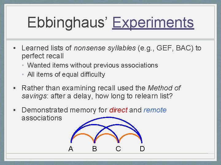 Ebbinghaus’ Experiments • Learned lists of nonsense syllables (e. g. , GEF, BAC) to