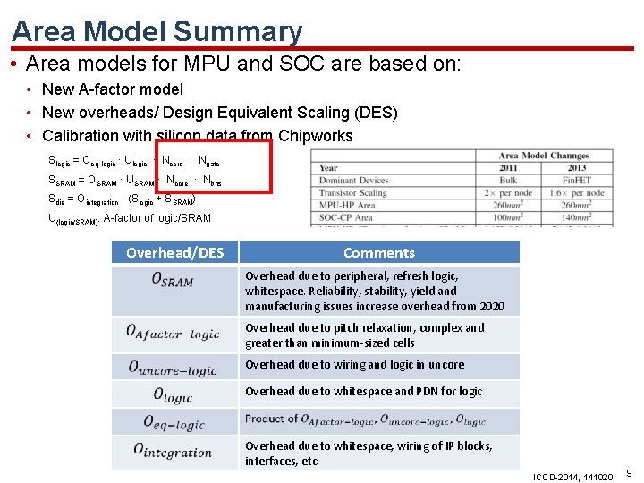 Area Model Summary • Area models for MPU and SOC are based on: •