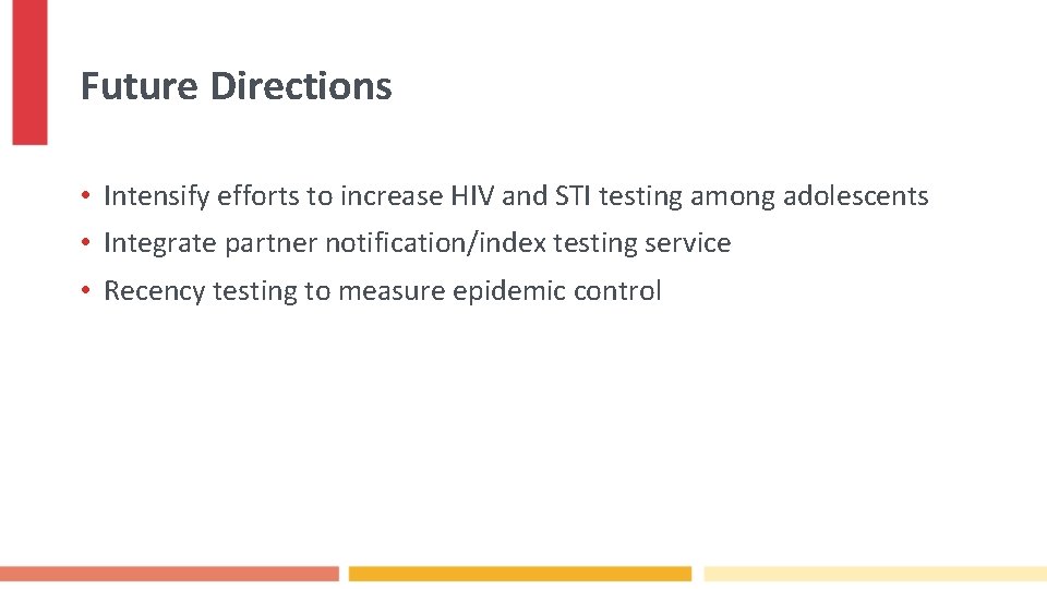 Future Directions • Intensify efforts to increase HIV and STI testing among adolescents •
