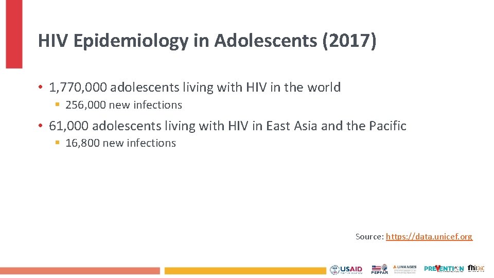 HIV Epidemiology in Adolescents (2017) • 1, 770, 000 adolescents living with HIV in