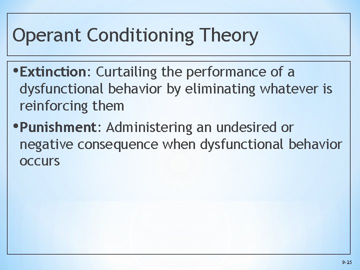 Operant Conditioning Theory • Extinction: Curtailing the performance of a dysfunctional behavior by eliminating