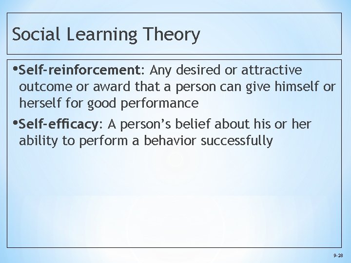 Social Learning Theory • Self-reinforcement: Any desired or attractive outcome or award that a