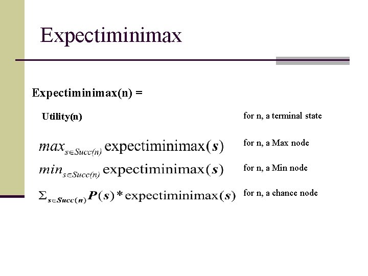 Expectiminimax(n) = Utility(n) for n, a terminal state for n, a Max node for