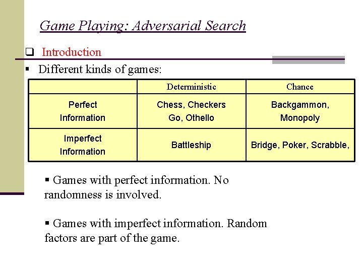 Game Playing: Adversarial Search q Introduction § Different kinds of games: Deterministic Chance Perfect