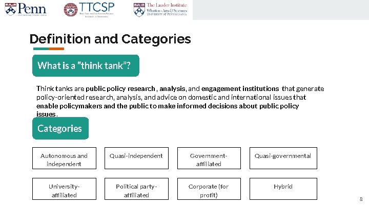 Definition and Categories What is a “think tank”? Think tanks are public policy research