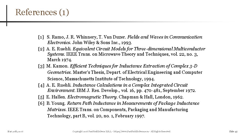 References (1) [1] S. Ramo, J. R. Whinnery, T. Van Duzer. Fields and Waves