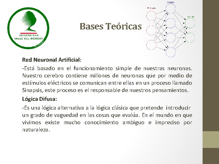 Bases Teóricas Red Neuronal Artificial: -Está basado en el funcionamiento simple de nuestras neuronas.