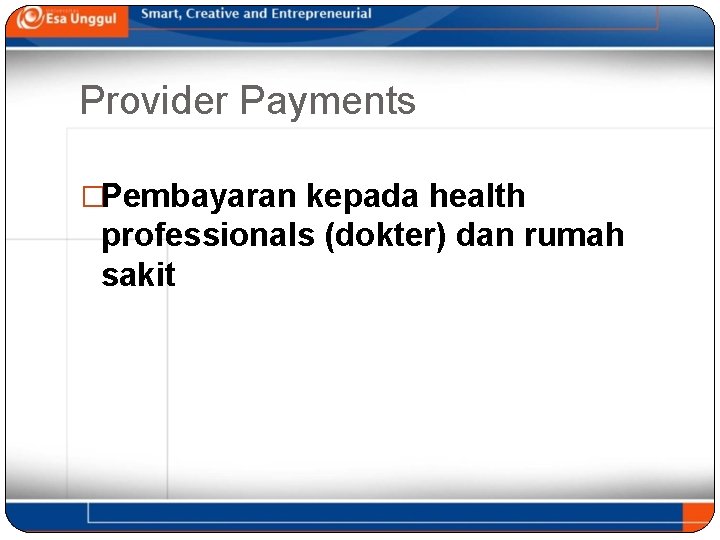 Provider Payments �Pembayaran kepada health professionals (dokter) dan rumah sakit 