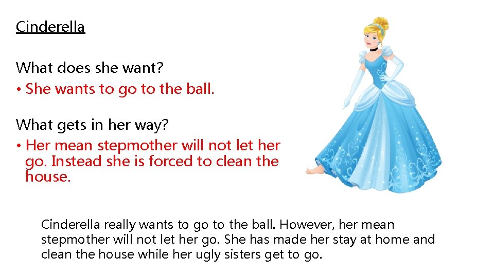 Cinderella What does she want? • She wants to go to the ball. What