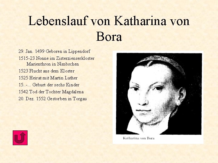 Lebenslauf von Katharina von Bora 29. Jan. 1499 Geboren in Lippendorf 1515 -23 Nonne