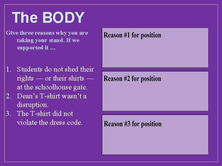 The BODY Give three reasons why you are taking your stand. If we supported