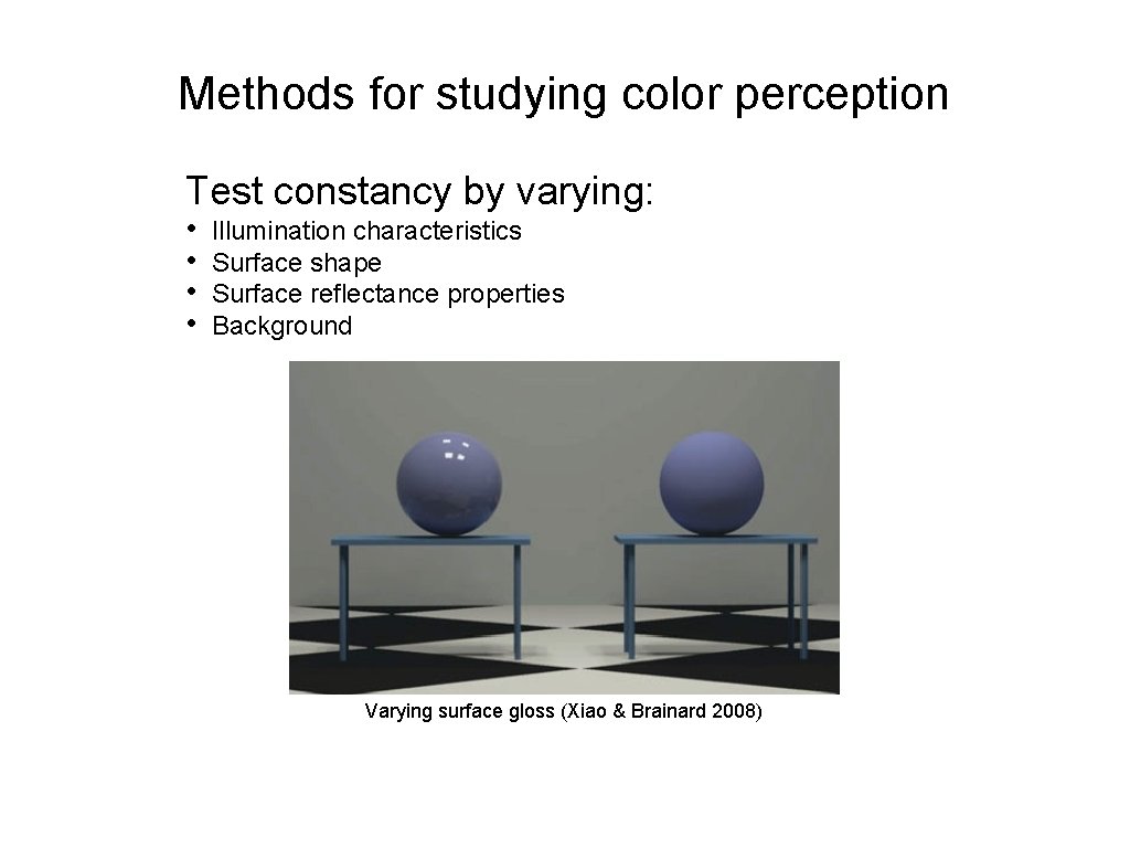 Methods for studying color perception Test constancy by varying: • • Illumination characteristics Surface