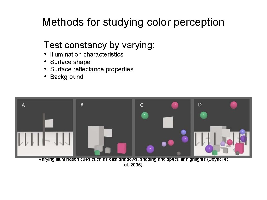 Methods for studying color perception Test constancy by varying: • • Illumination characteristics Surface