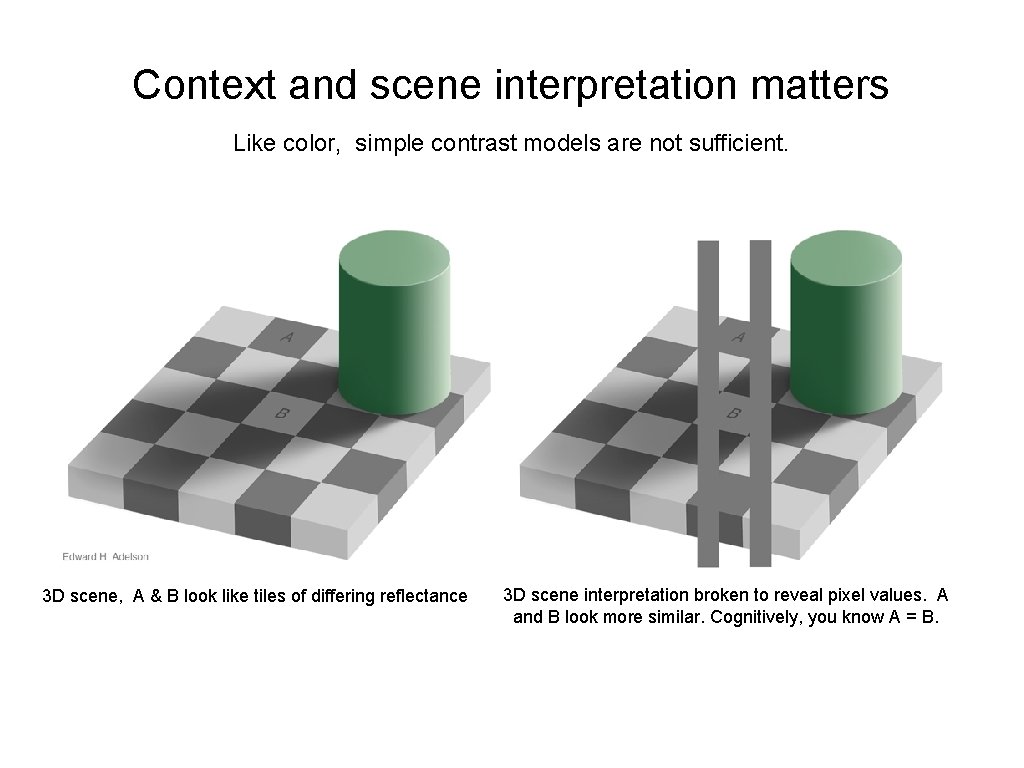 Context and scene interpretation matters Like color, simple contrast models are not sufficient. 3