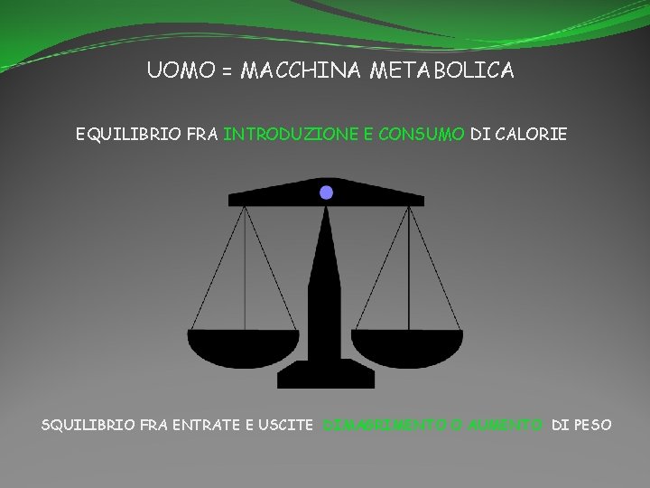 UOMO = MACCHINA METABOLICA EQUILIBRIO FRA INTRODUZIONE E CONSUMO DI CALORIE SQUILIBRIO FRA ENTRATE