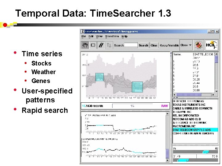 Temporal Data: Time. Searcher 1. 3 • • • Time series • Stocks •