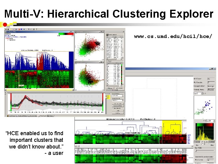 Multi-V: Hierarchical Clustering Explorer www. cs. umd. edu/hcil/hce/ “HCE enabled us to find important