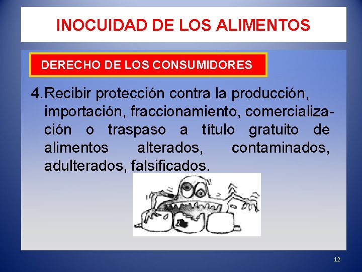 INOCUIDAD DE LOS ALIMENTOS DERECHO DE LOS CONSUMIDORES 4. Recibir protección contra la producción,