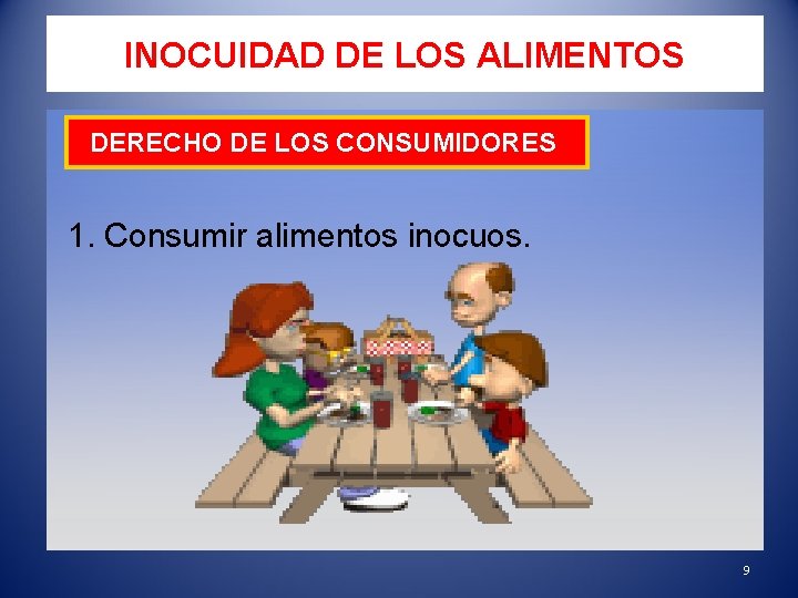 INOCUIDAD DE LOS ALIMENTOS DERECHO DE LOS CONSUMIDORES 1. Consumir alimentos inocuos. 9 
