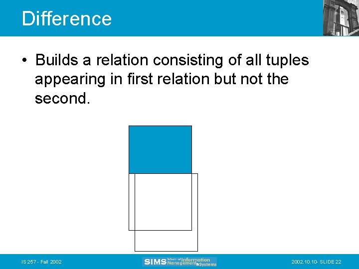 Difference • Builds a relation consisting of all tuples appearing in first relation but