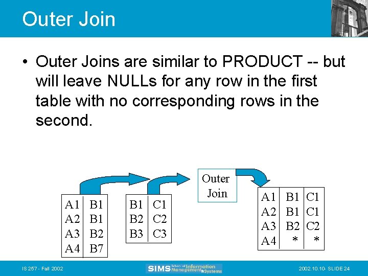 Outer Join • Outer Joins are similar to PRODUCT -- but will leave NULLs