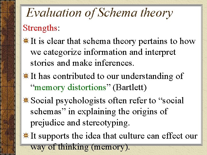 Evaluation of Schema theory Strengths: It is clear that schema theory pertains to how