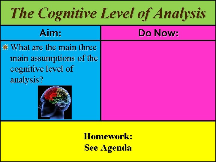 The Cognitive Level of Analysis Aim: Do Now: What are the main three main