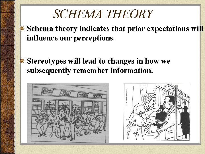 SCHEMA THEORY Schema theory indicates that prior expectations will influence our perceptions. Stereotypes will