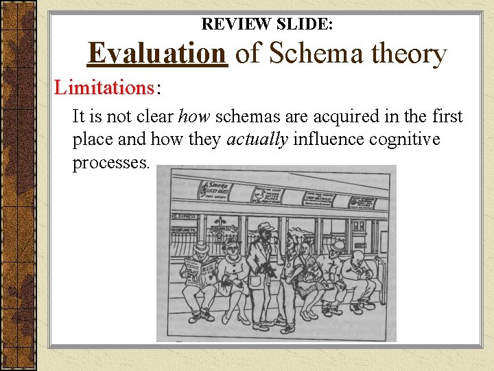 REVIEW SLIDE: Evaluation of Schema theory Limitations: It is not clear how schemas are