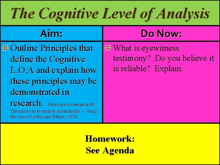 The Cognitive Level of Analysis Aim: Do Now: Outline Principles that define the Cognitive