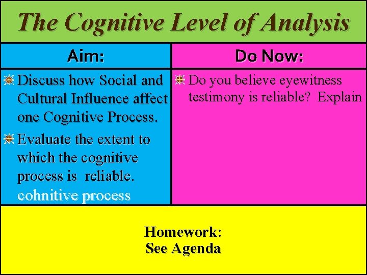 The Cognitive Level of Analysis Aim: Do Now: Discuss how Social and Cultural Influence