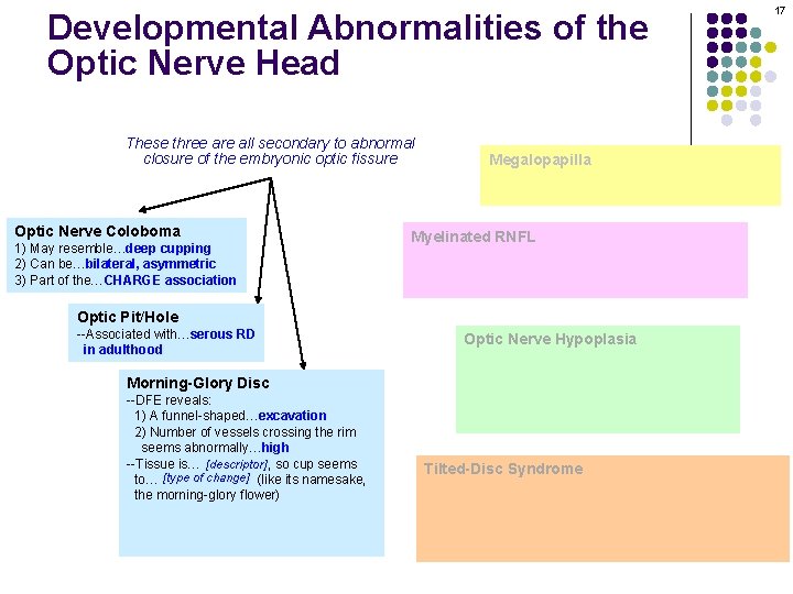 Developmental Abnormalities of the Optic Nerve Head These three are all secondary to abnormal