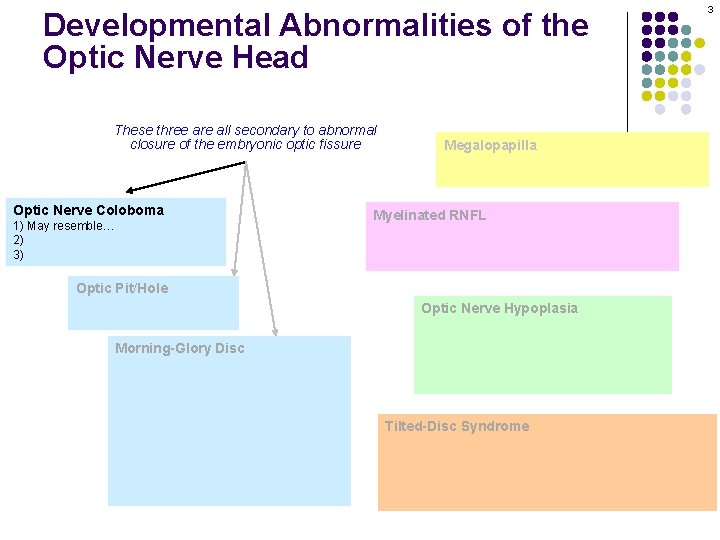Developmental Abnormalities of the Optic Nerve Head These three are all secondary to abnormal