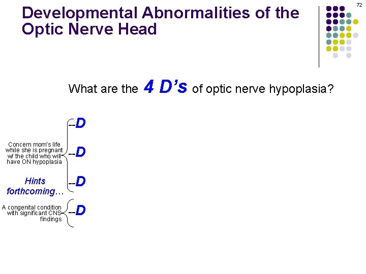 Developmental Abnormalities of the Optic Nerve Head What are the 4 D’s of optic