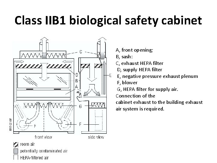 Class IIB 1 biological safety cabinet A, front opening; B, sash: C, exhaust HEPA