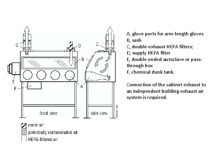 A, glove ports for arm-length gloves B, sash C, double-exhaust HEPA filters; D, supply