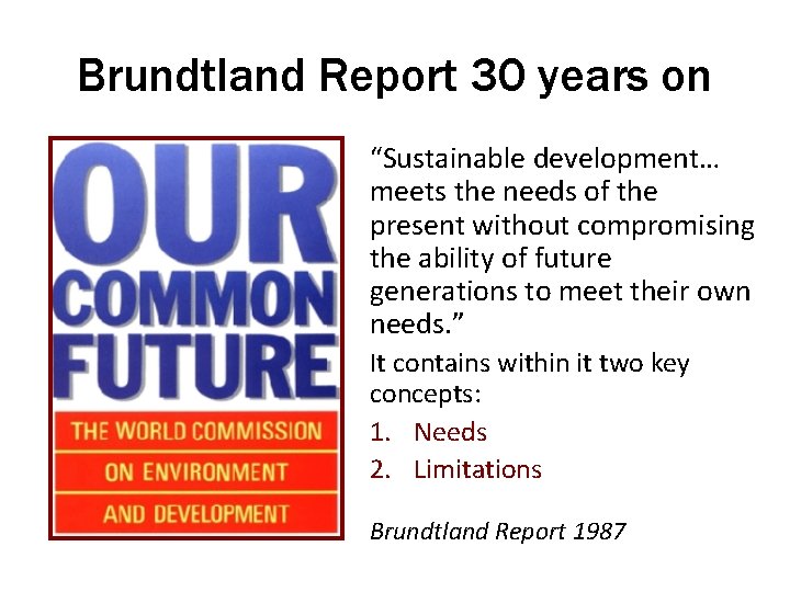 Brundtland Report 30 years on “Sustainable development… meets the needs of the present without